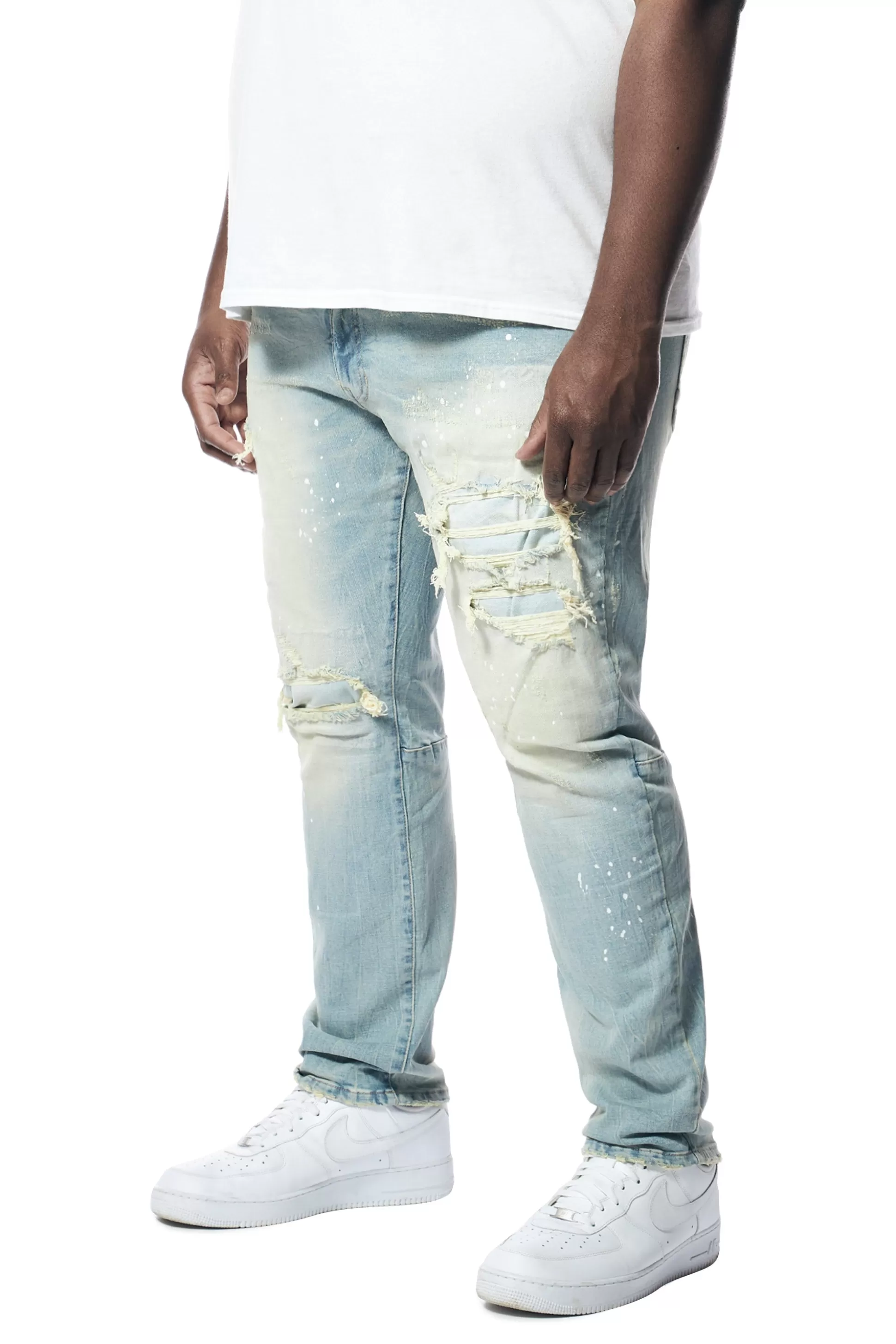 Smoke Rise Big & Tall - Distressed Rip & Repair Slim Tapered Denim Jeans Elm Blue Hot