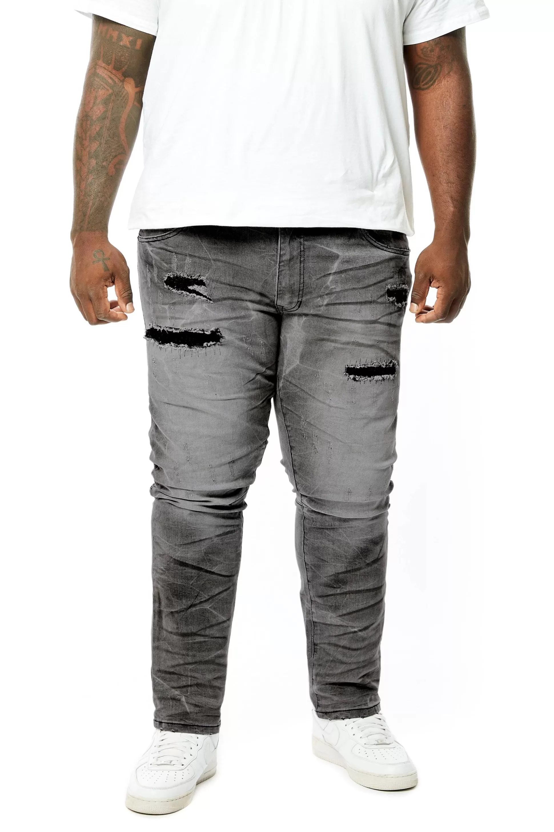 Smoke Rise Big & Tall - Rip & Repaired Lightning Washed Denim Jeans Lightning Black Fashion