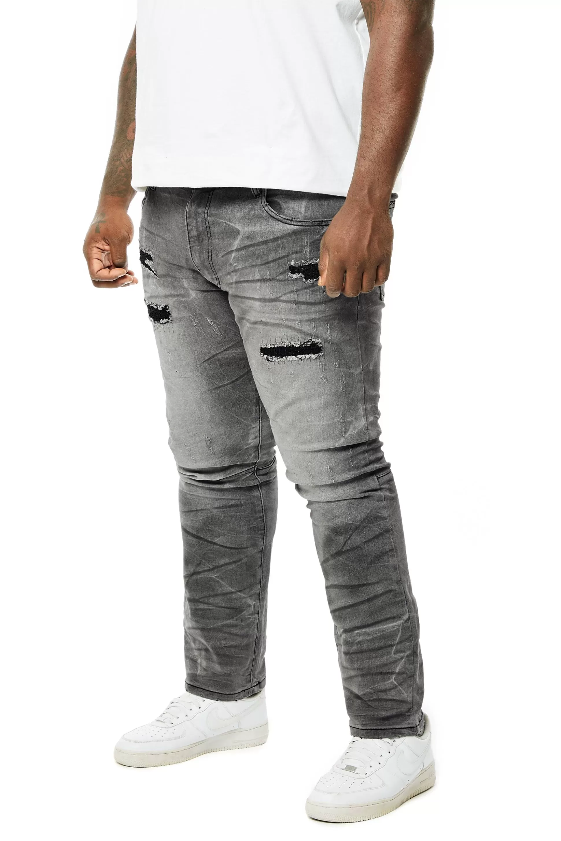 Smoke Rise Big & Tall - Rip & Repaired Lightning Washed Denim Jeans Lightning Black Fashion