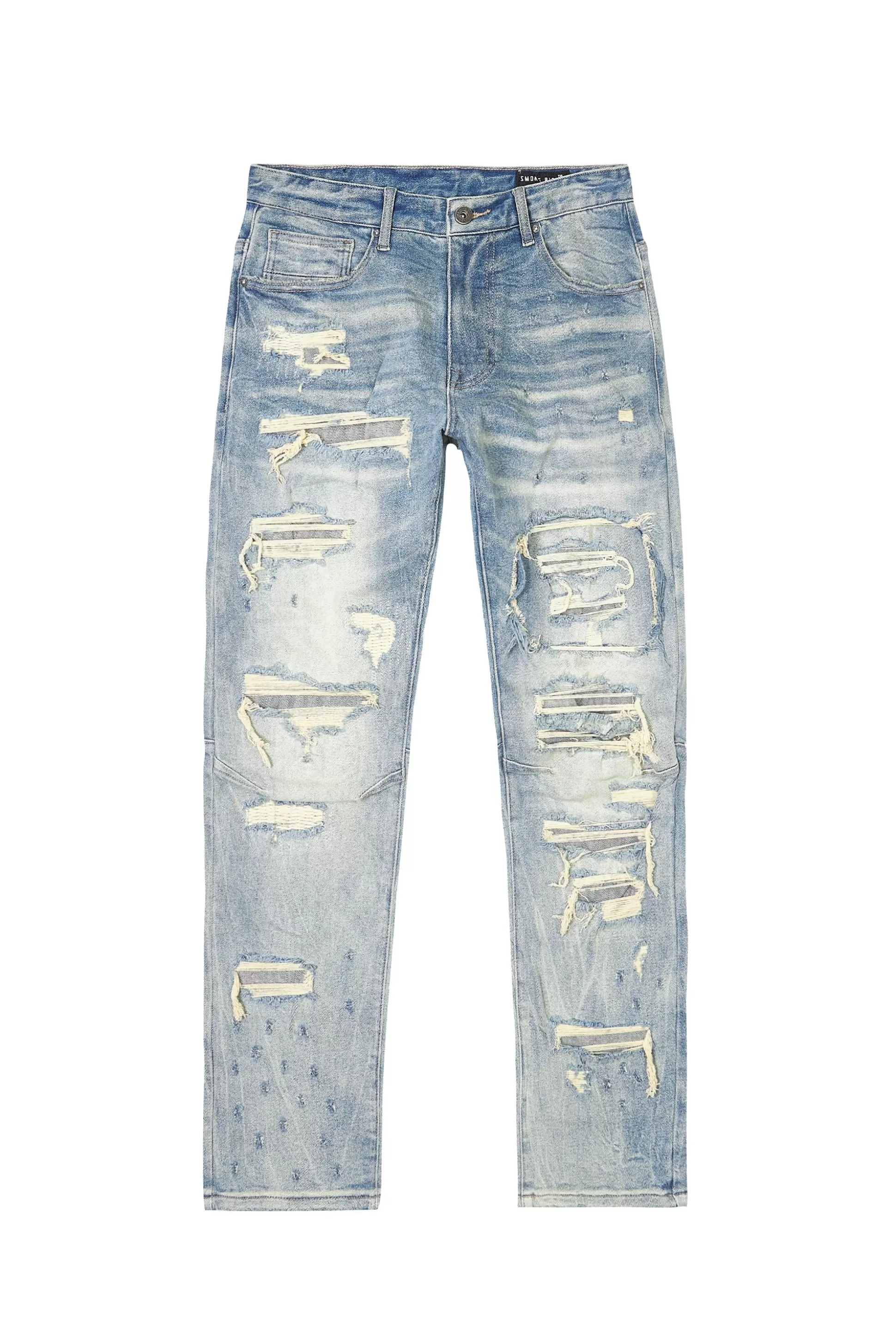 Smoke Rise Distressed Rip & Repair Easy Slim Denim Jeans Suffolk Blue Hot