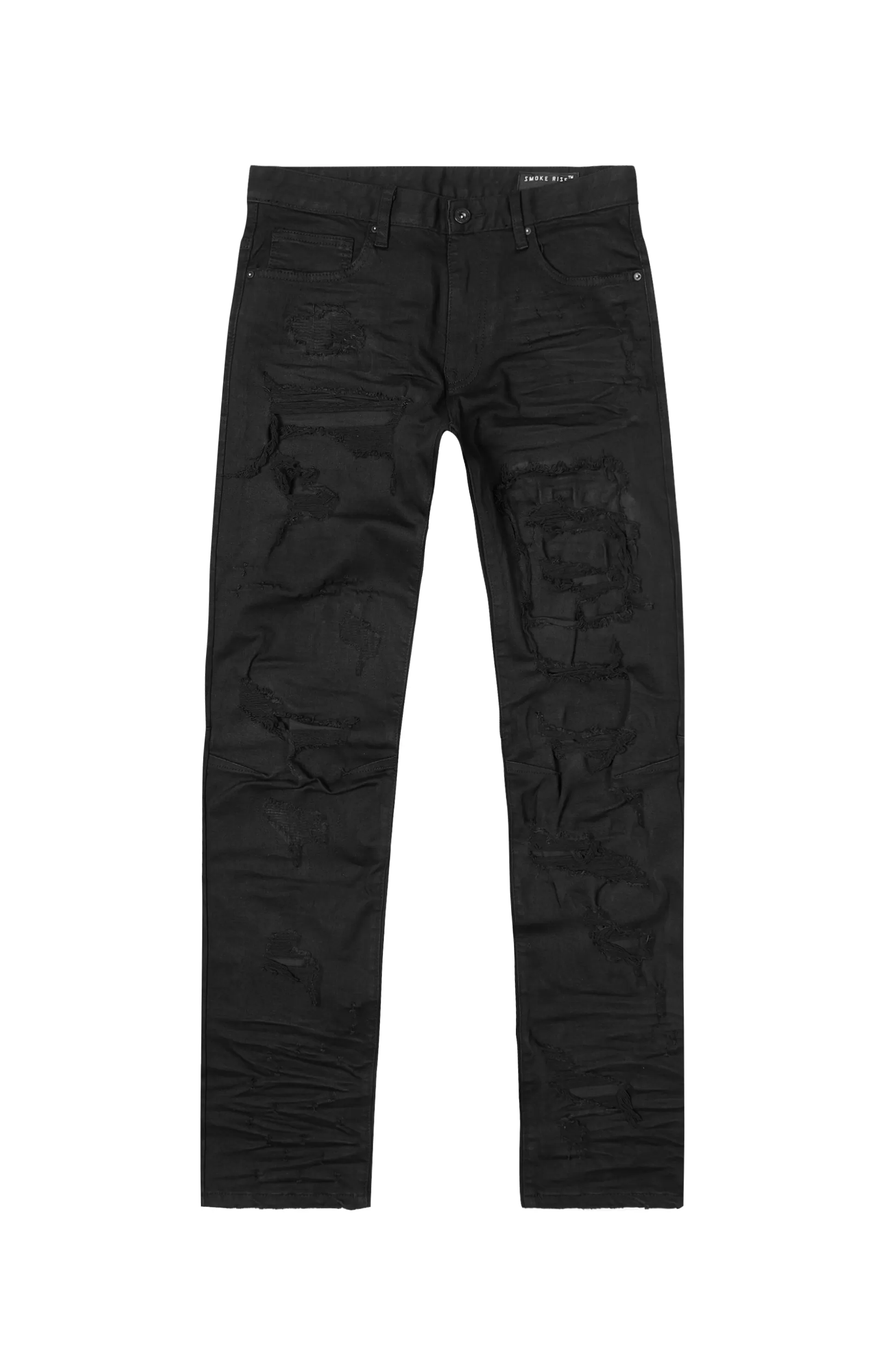 Smoke Rise Distressed Rip & Repair Easy Slim Denim Jeans Jet Black Cheap