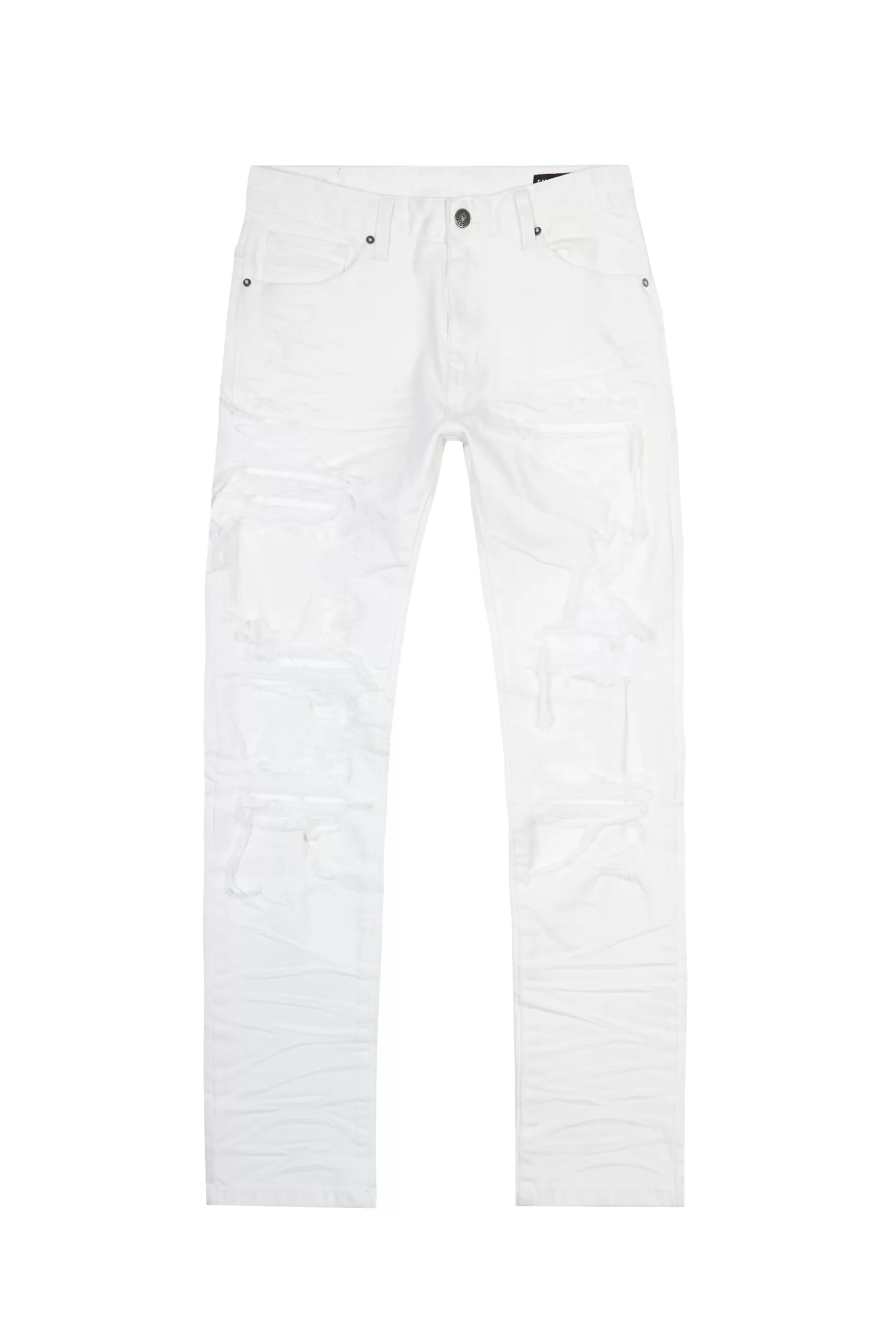 Smoke Rise Distressed Rip & Repair Slim Tapered Denim Jeans White Sale