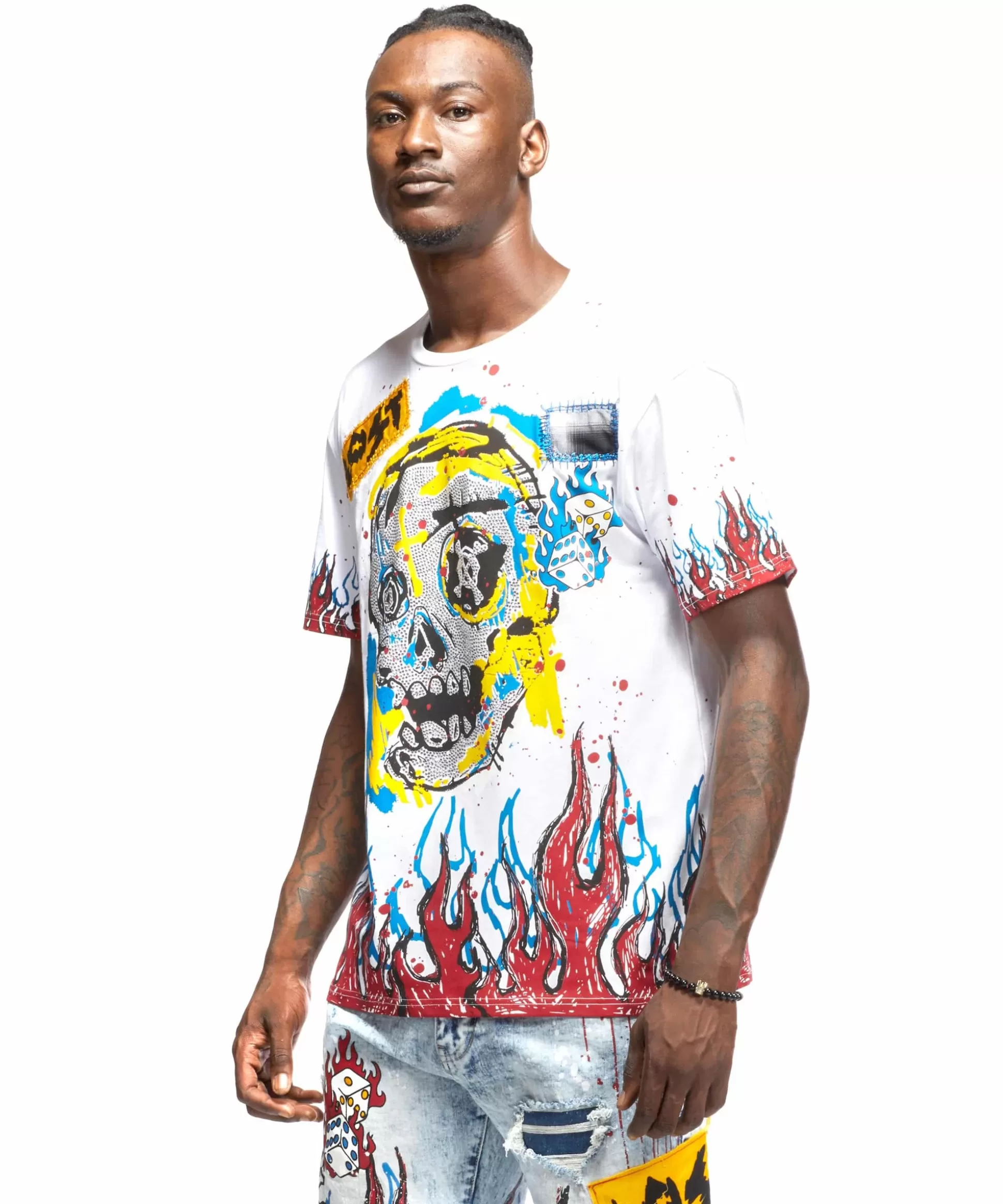 Smoke Rise Flame & Skull Tee White Discount