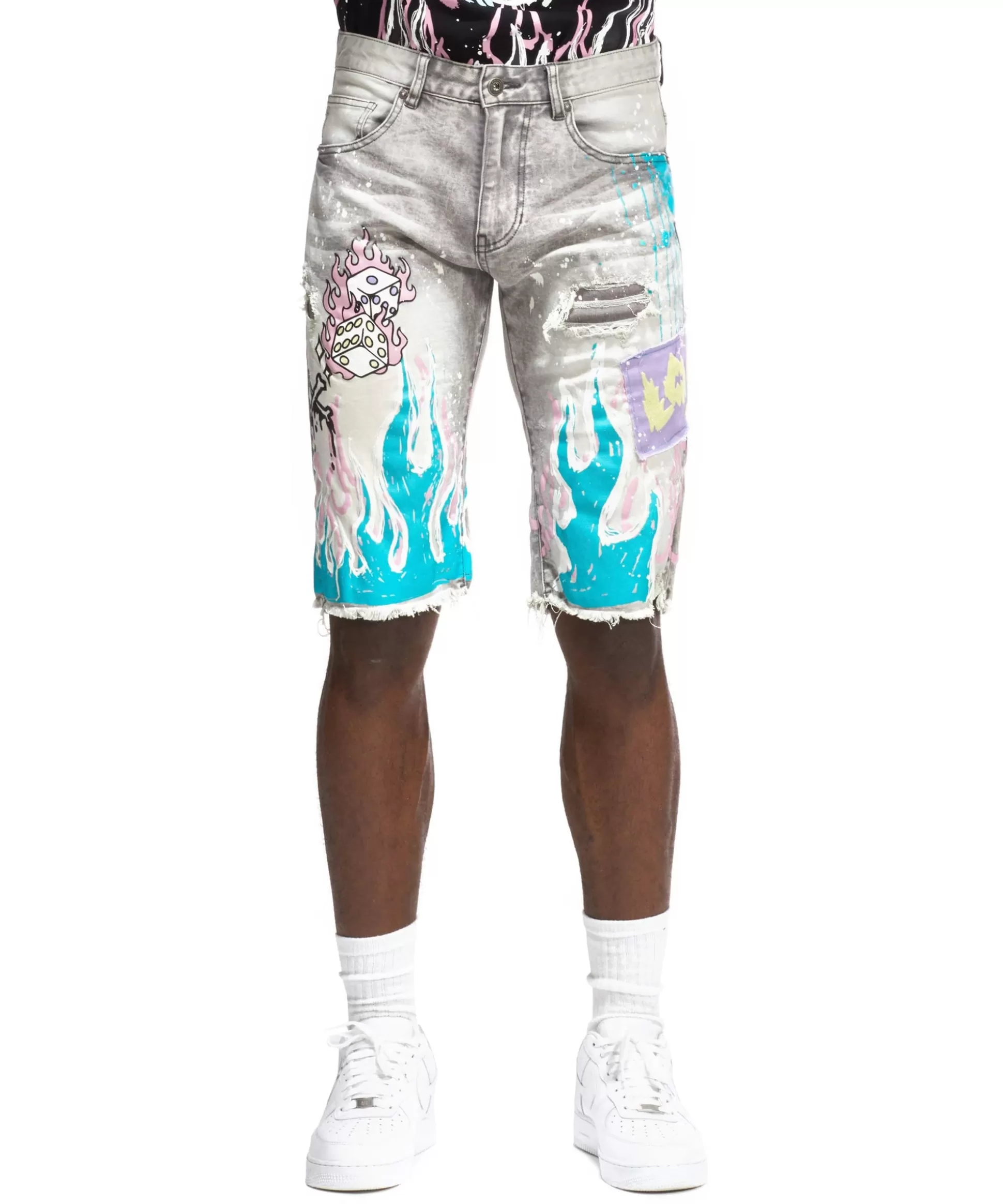 Smoke Rise Flame Graphic Denim Shorts Frost Grey Sale