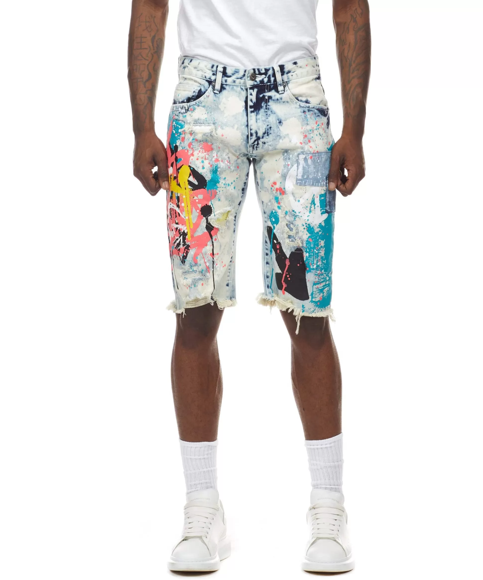 Smoke Rise Graffiti Print Denim Shorts Axel Blue Flash Sale