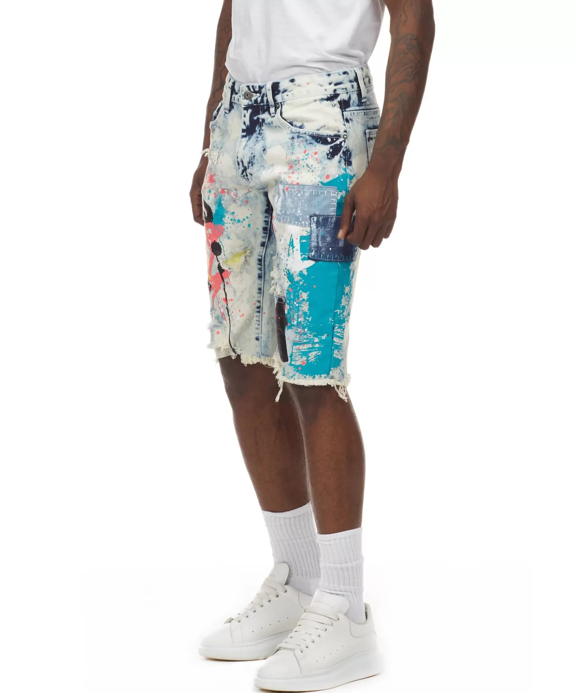 Smoke Rise Graffiti Print Denim Shorts Axel Blue Flash Sale