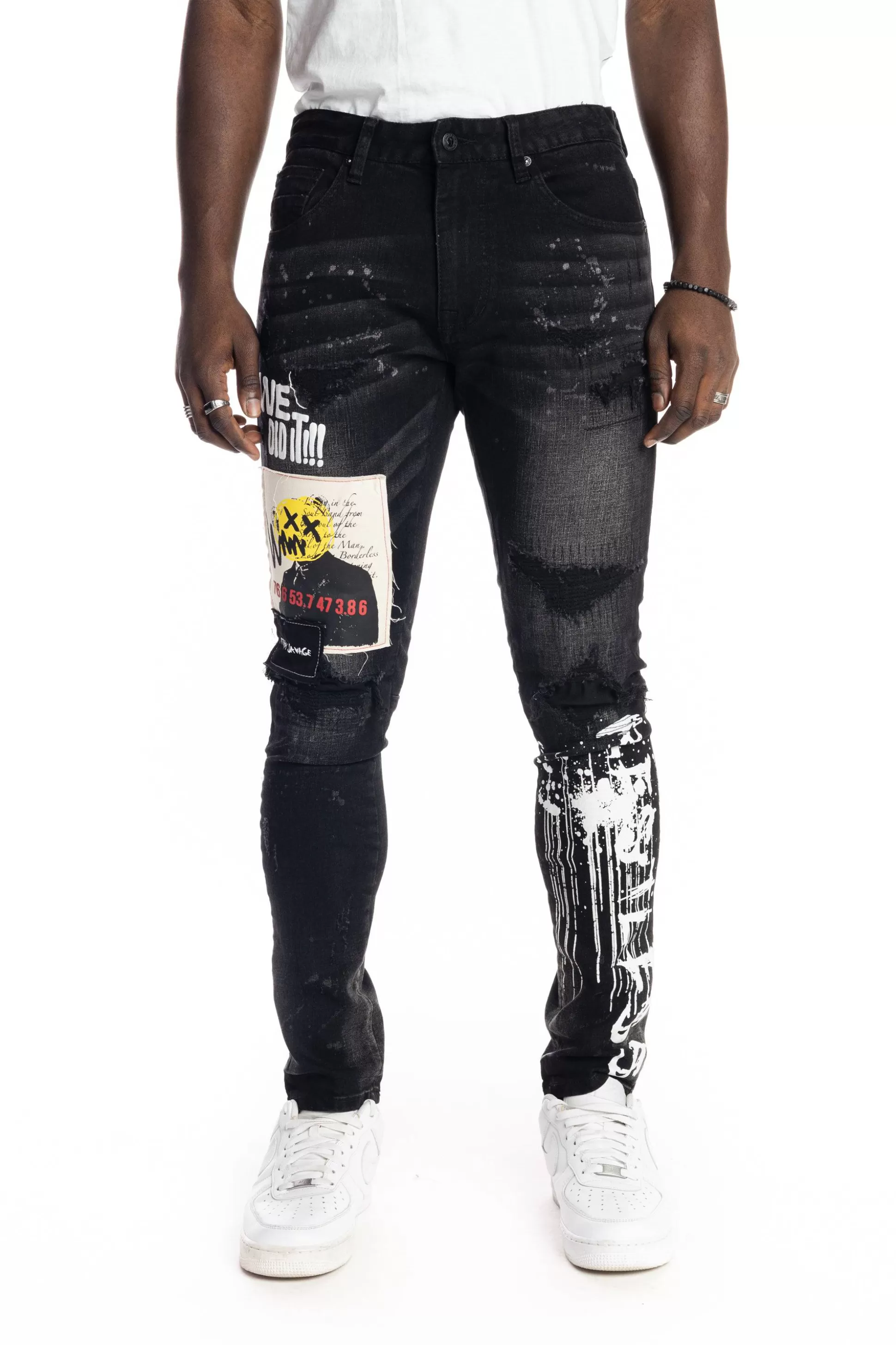 Smoke Rise Graphic Patched Fashion Jeans Dusty Black Fashion