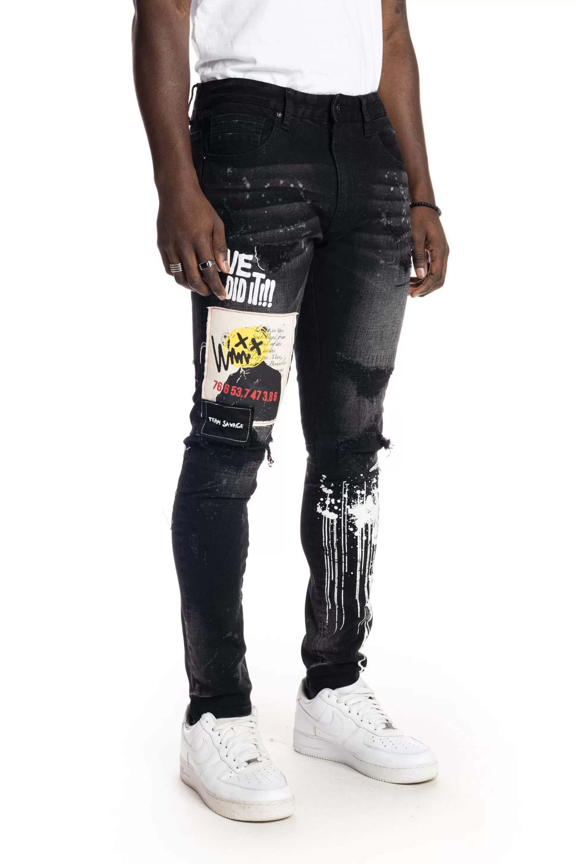 Smoke Rise Graphic Patched Fashion Jeans Dusty Black Fashion