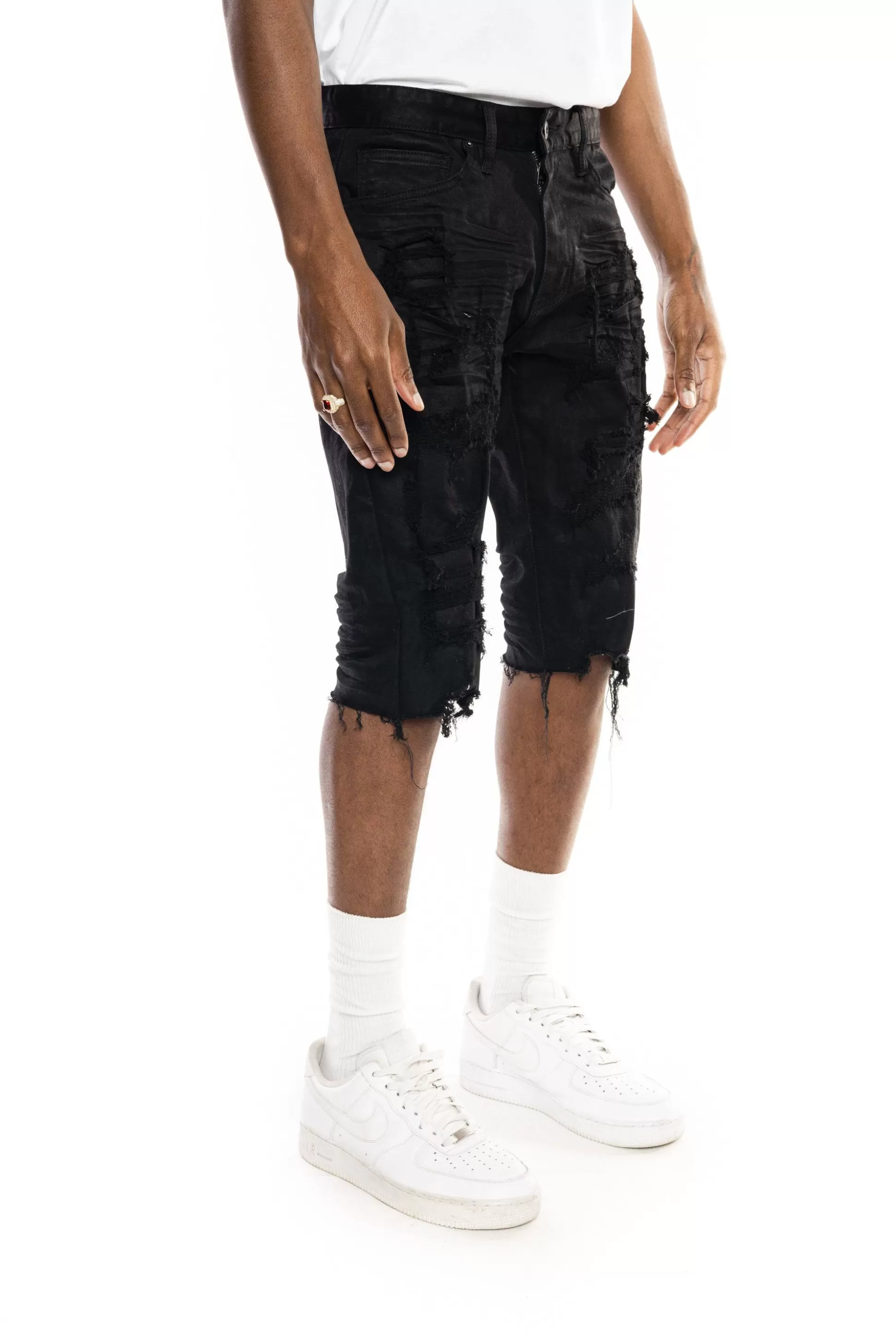 Smoke Rise Heavy Rip & Repair Denim Shorts Jet Black Cheap