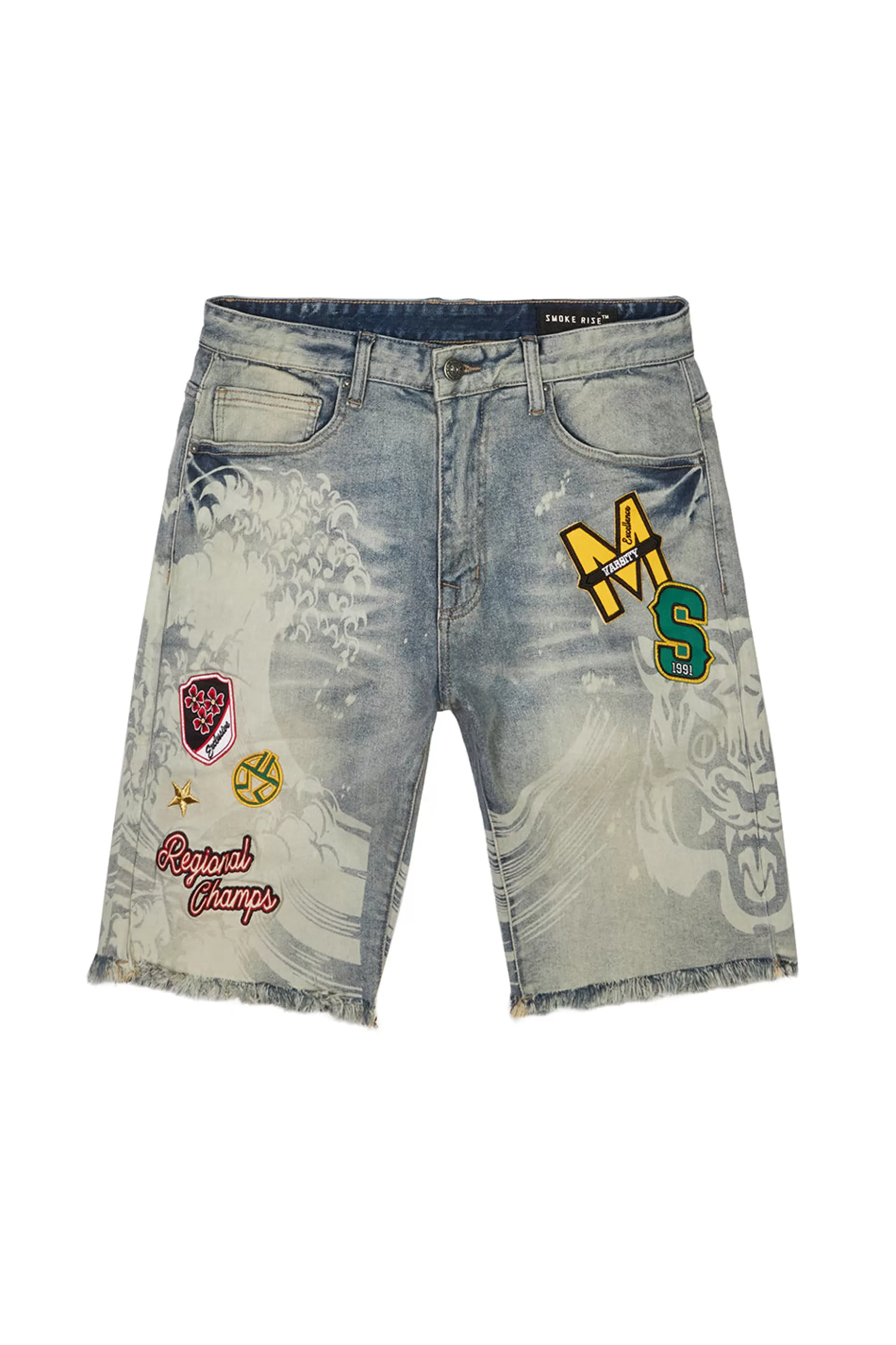 Smoke Rise Laser Printed Varsity Denim Shorts Vanilla Blue Cheap