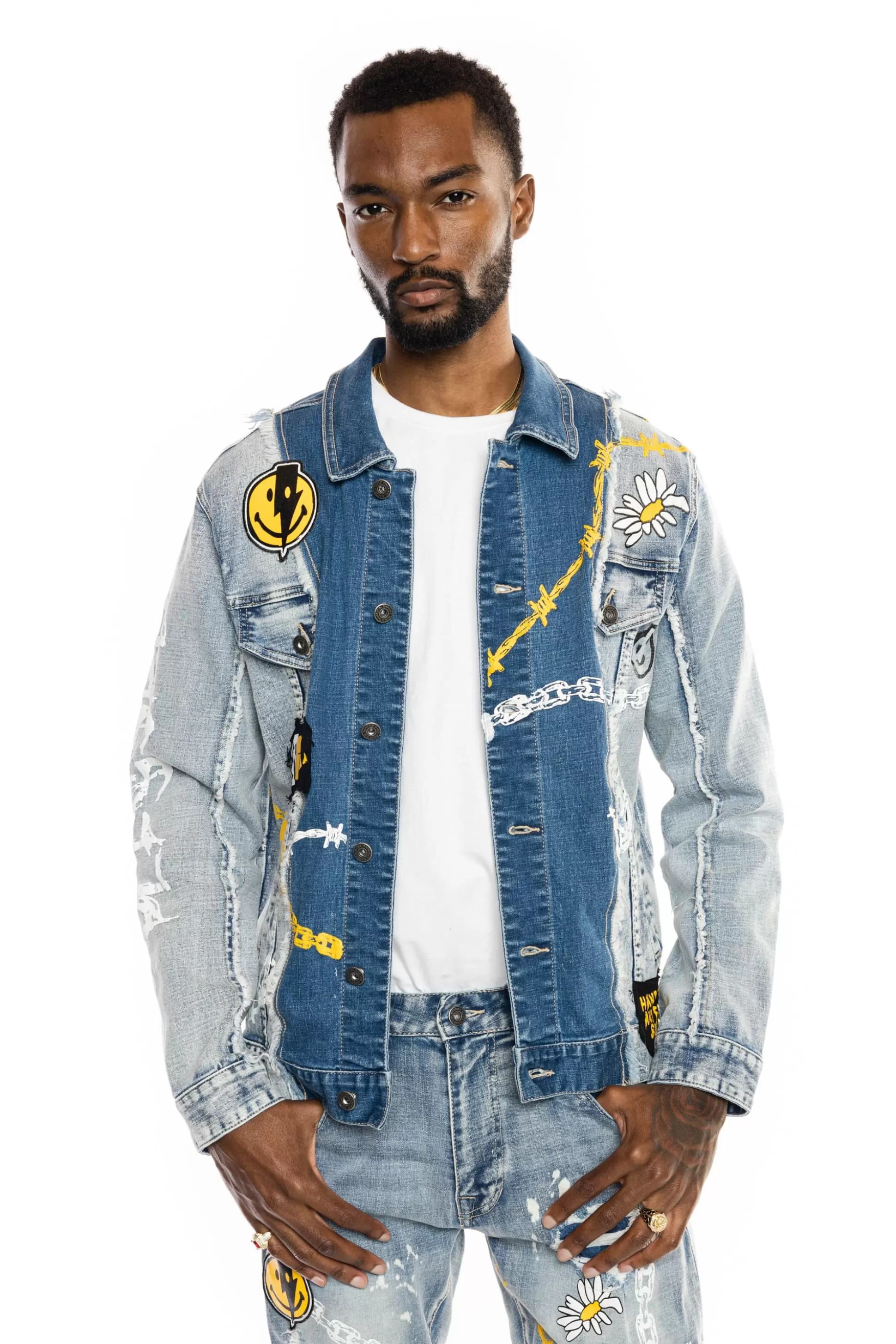 Smoke Rise Mixed Media Fashion Denim Jacket Albany Blue Clearance