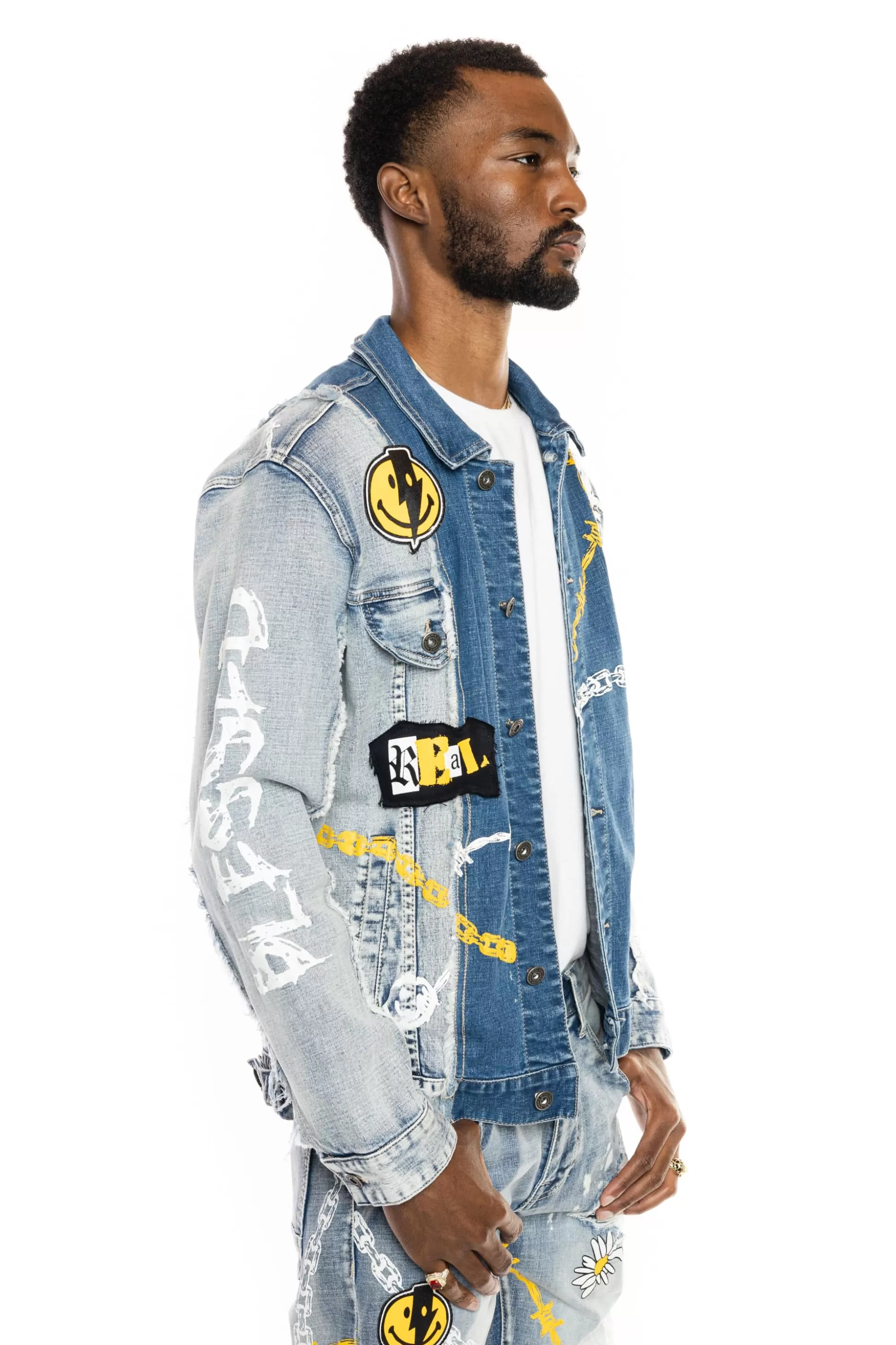 Smoke Rise Mixed Media Fashion Denim Jacket Albany Blue Clearance