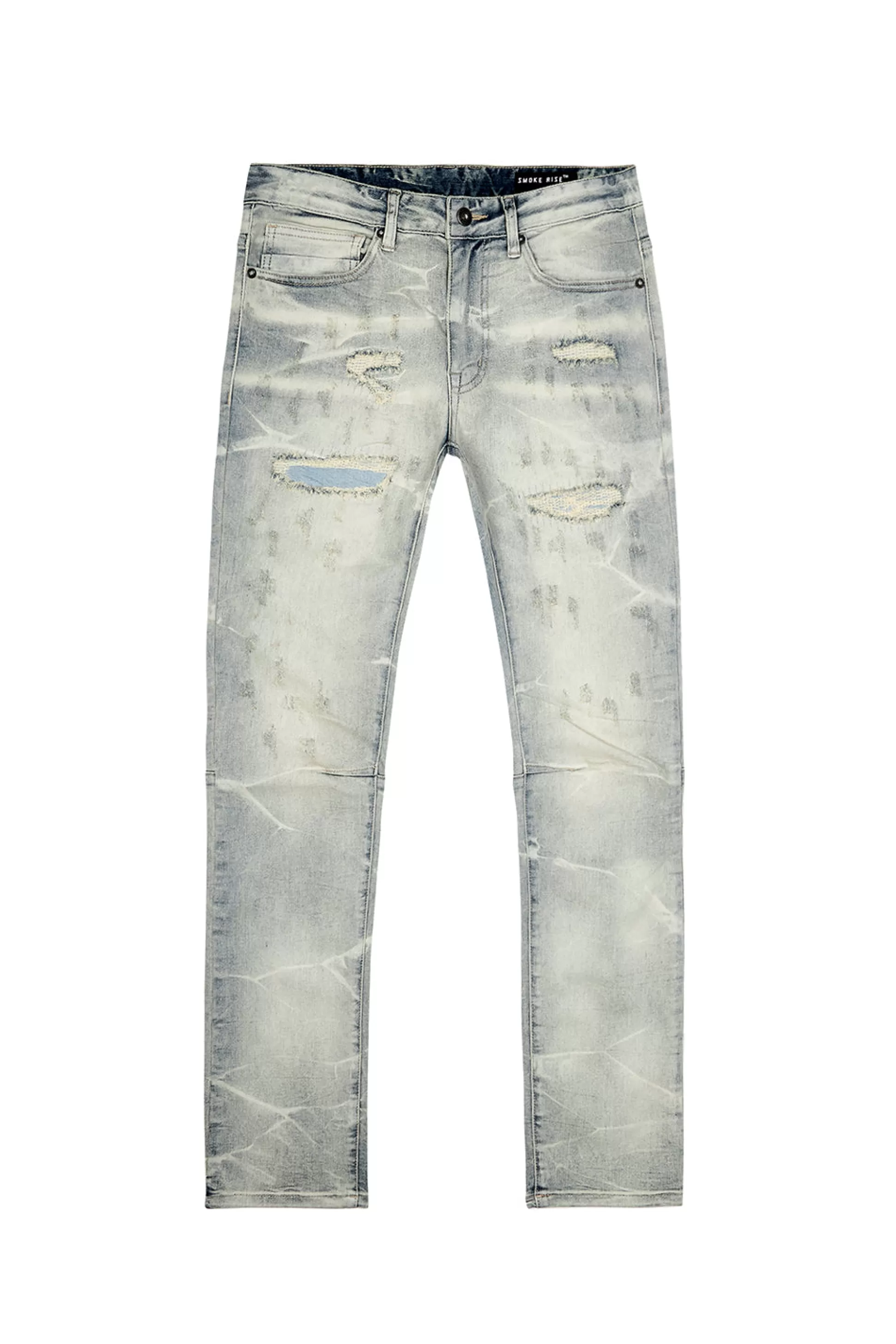 Smoke Rise Rip & Repaired Lightning Washed Denim Jeans Industrial Blue Sale