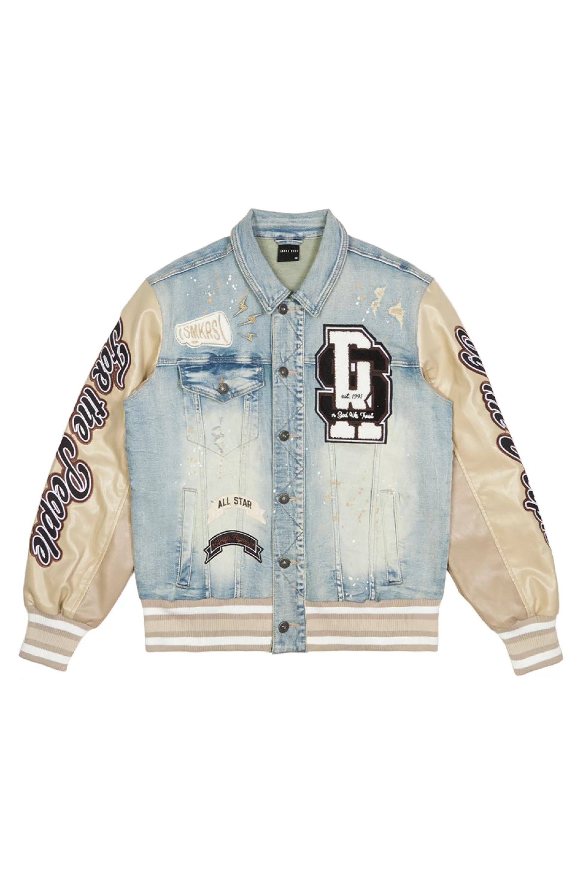 Smoke Rise Varsity Vegan Leather & Denim Jacket Elm Blue Best Sale